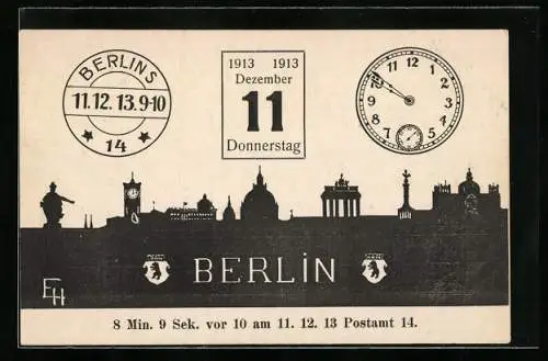 Künstler-AK Berlin, Stadtsilhouette, Uhr, Datum: 11.12.13
