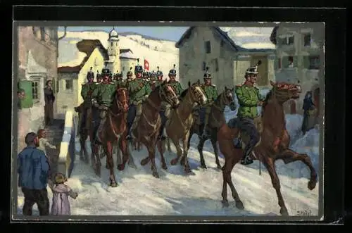 Künstler-AK sign. E. Hodel: Bündnerdorf, Schweizer Kavalleriesoldaten zu Pferde im Schnee