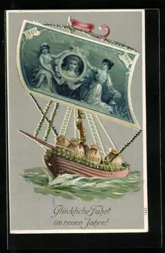 AK Neujahrsgruss, mit Geld beladenes Boot, Banknote als Segel