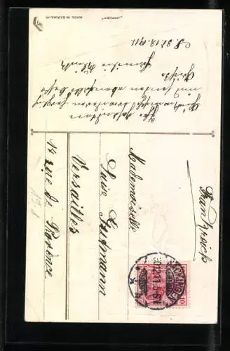 AK Neujahrsgruss, mit Geld beladenes Boot, Banknote als Segel