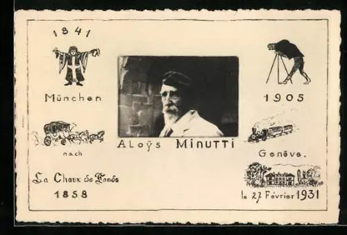 AK Aloys Minutti mit Symbolen, Fotoapparat, Eisenbahn, Münchner Kindl