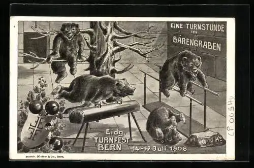 AK Bern, Eidg. Turnfest 14.-17.7.1906, eine Turnstunde im Bärengraben, Turnerkreuz