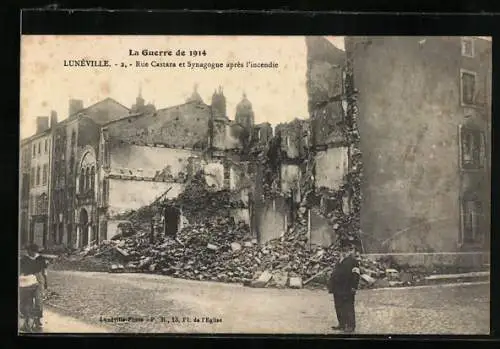 AK Lunéville, Rue Castara et Synagogue après l`incendie