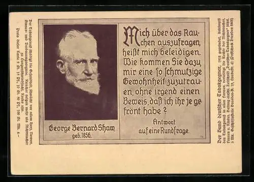 AK Georg Bernard Shaw, Gründer vom Bund Deutscher Tabakgegner