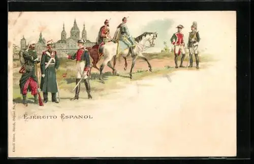 Lithographie Spanien, Spanische Soldaten in Uniform zu Pferd, Ejército Espanol