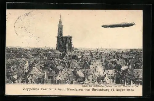 AK Strassburg, Zeppelins Fernfahrt beim Passieren des Ortes 1908
