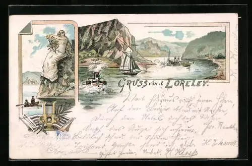 Lithographie Loreley, Dampfer und Segelboot
