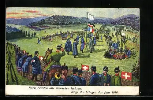 AK Schweizer Armee, Nach Frieden alle Menschen lechzen, Möge ihn bringen das Jahr 1916