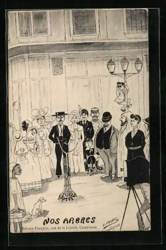 Künstler-AK sign. E. France: Nos Arbres, Gesellschaft steht um ein frisch gepflanztes Bäumchen