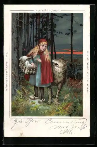 Lithographie Rotkäppchen mit bösem Wolf im dämmernden Wald