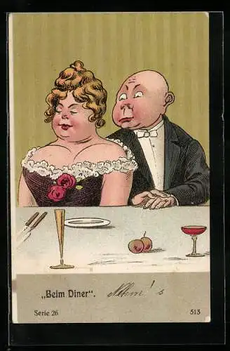 Künstler-AK Mann schaut beim Diner einer Dame in den Ausschnitt