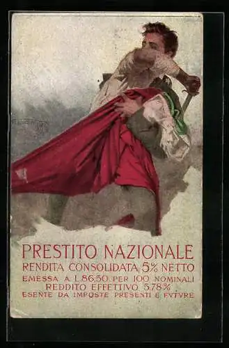 AK Prestito Nationale - Rendita Consolidata 5% Netto, italienischer Soldat mit Fahne, Kriegsanleihe