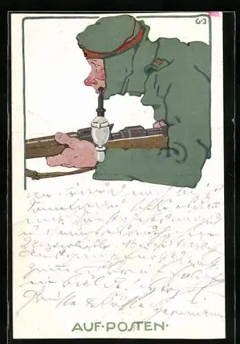 Künstler-AK sign. G. Jourdan: Soldat mit Gewehr in Uniform der Infanterie auf seinem Posten