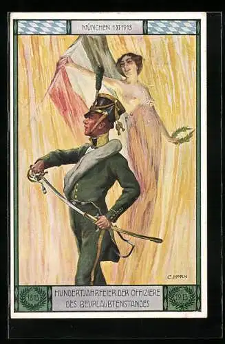 AK München, Hundertjahrfeier der Offiziere des Beurlaubtenstandes 1913, Soldat in Uniform mit Säbel