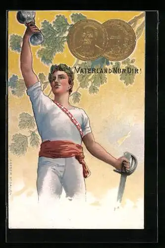 Lithographie Zürich, Eidgen. Turnfest 1903, Vaterland Nur Dir!, Turner mit Pokal und Degen, Medaille