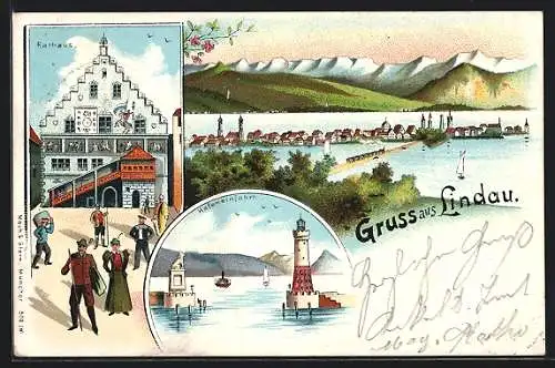 Lithographie Lindau / Bodensee, Hafeneinfahrt, Rathaus, Gesamtansichten