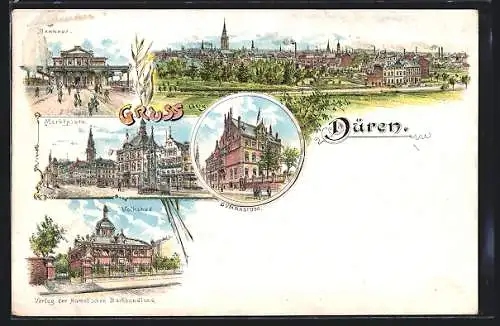 Lithographie Düren, Volksbad, Gymnasium, Bahnhof