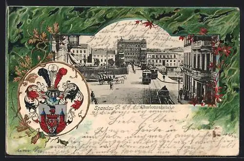 Passepartout-Lithographie Berlin-Spandau, Charlottenbrücke mit Strassenbahn, Wappen