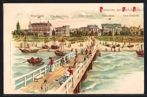 Lithographie Ahlbeck / Seebad, Strand-Hotel, Villa Magdalena und Villa Carola