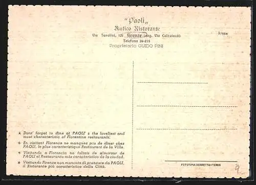 AK Firenze, Ristorante Paoli, Via Tavolini 12, Prop. Guido Pini, Innenansicht des Restaurants
