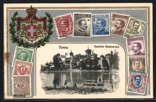 AK Torino, Castello Medioevale, Briefmarken
