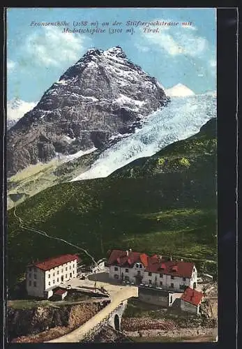 AK Franzenshöhe, Ansicht mit Stilfserjochstrasse und Madatschspitze