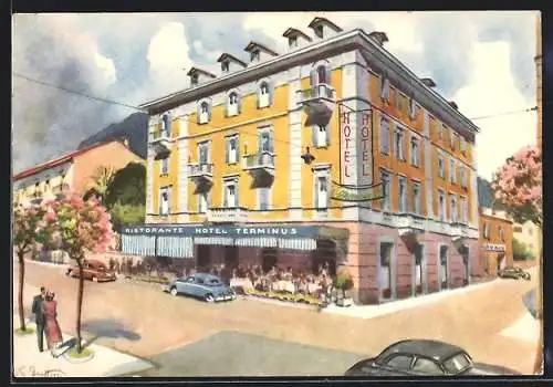 Künstler-AK Domodossola, Hotel Terminus