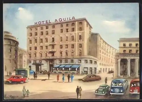 Künstler-AK Genova, Hotel Aquila & Reale, Piazza Acquaverde