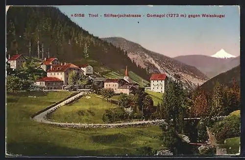 AK Gomagoi /Tirol, Ortsansicht gegen Weisskugel an der Stilfserjochstrasse