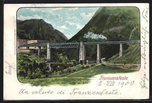 AK Franzensfeste, Ortspartie mit Eisenbahnbrücke