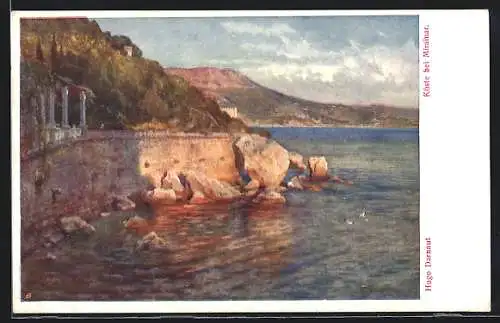 Künstler-AK sign. Hugo Darnaut: Küste bei Miramar, befestigte Ufermauer mit Säulenbalustrade