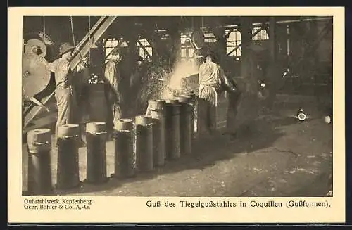 AK Kapfenberg, Gussstahlwerk, Guss des Tiegelgussstahles in Coquillen