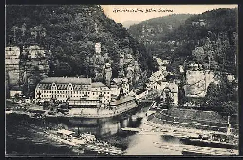AK Herrnskretschen /Böhm. Schweiz, Ortsansicht mit Hotel und Dampfer