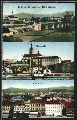 AK Leitmeritz / Litomerice, Teilansicht mit Brücke, vom Wasser mit Schiff, Ortsansicht
