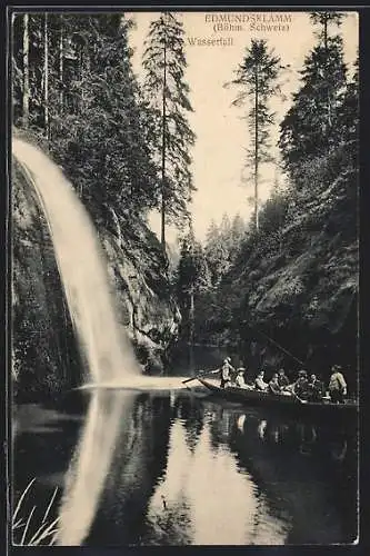 AK Edmundsklamm /Böhm. Schweiz, Ruderboot vor dem Wasserfall