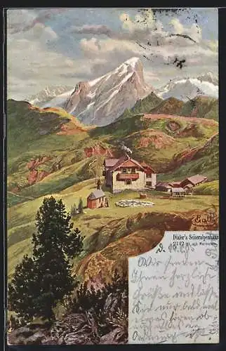 Künstler-AK Dialer`s Seiseralpenhaus mit Marmolata, Berghütte