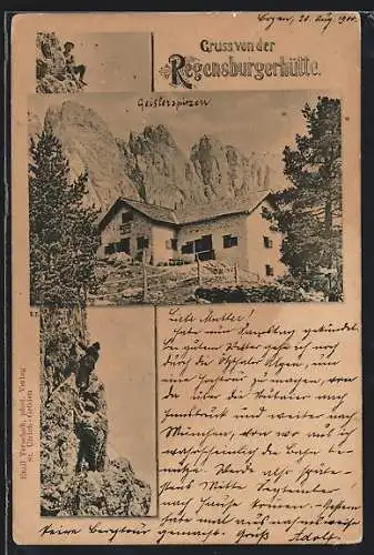 AK Regensburgerhütte, Berghütte mit Geislerspitzen, Kletterei an der Felswand