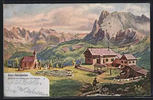 Künstler-AK Seis am Schlern, Dialer`s Seiseralpenhaus mit Geislergruppe und Plattkofel