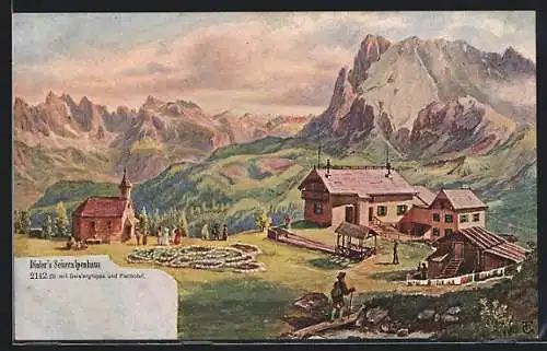 Künstler-AK Seis am Schlern, Dialer`s Seiseralpenhaus mit Geislergruppe und Plattkofel