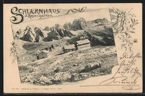 AK Schlernhaus, Berghütte mit Rosengarten