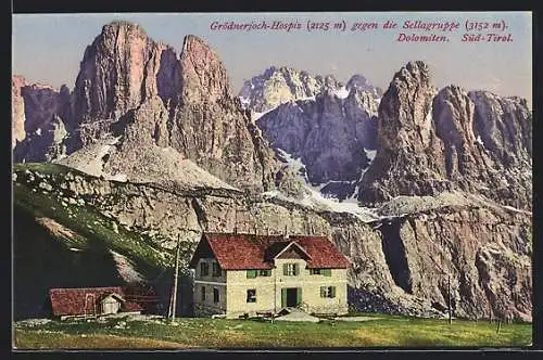 AK Grödnerjoch-Hospiz, Ansicht gegen die Sellagruppe