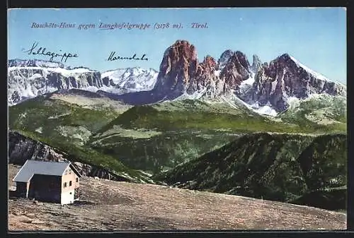 AK Raschötz-Haus, Panoramablick auf die Langkofelgruppe in Tirol