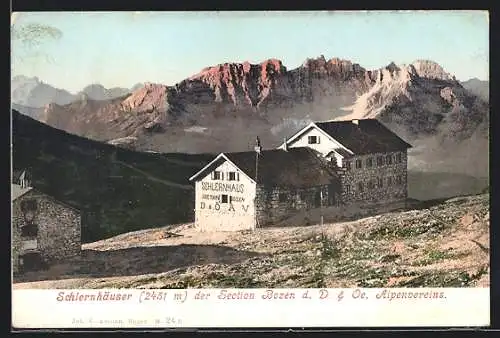 AK Schlernhaus, Ansicht mit Gebirgspanorama, Berghütte