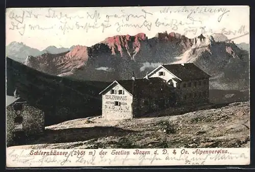 AK Schlernhaus, Ansicht mit Gebirgspanorama, Berghütte