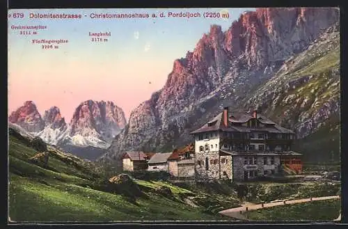 AK Christomannoshaus /Pordoijoch, Ansicht mit Langkofel