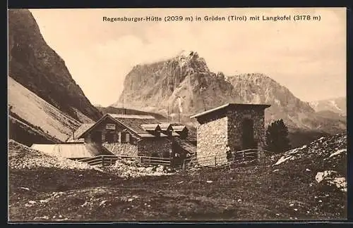 AK Regensburger-Hütte in Gröden, Ansicht mit Langkofel