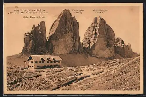 AK Drei Zinnenhütte, Gesamtansicht mit Grosse und Westliche Zinne
