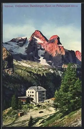 AK Bamberger Haus, Blick auf die Berghütte am Fedajapass