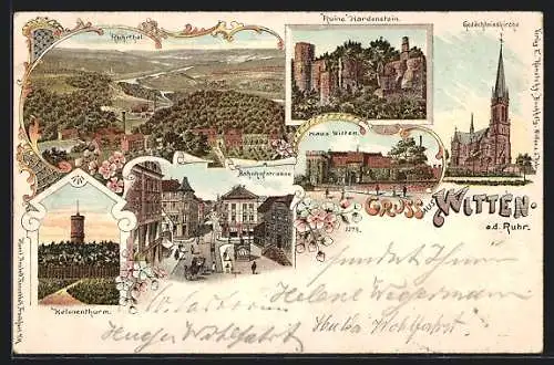 Lithographie Witten a. d. Ruhr, Haus Witten, Gedächtniskirche, Bahnhofstrasse