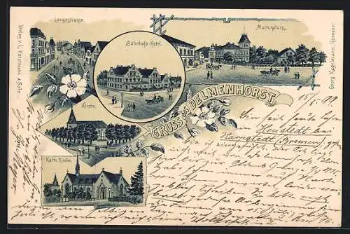 Lithographie Delmenhorst, Bahnhof-Hotel, Katholische Kirche, Marktplatz